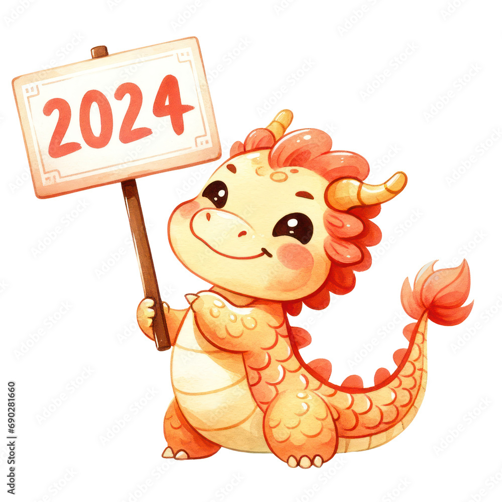 Happy chinese new year 2024 year of dragon. Cute chibi dragon holding
