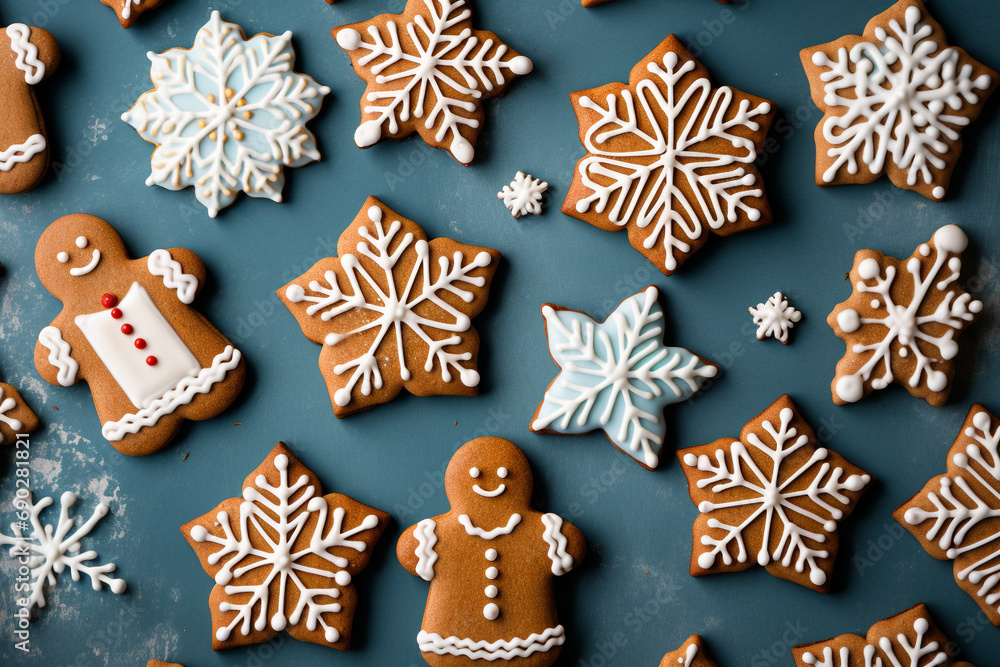 Christmas gingerbread cookies flat lay over blue background Christmas gingerbread cookies flat lay over blue background