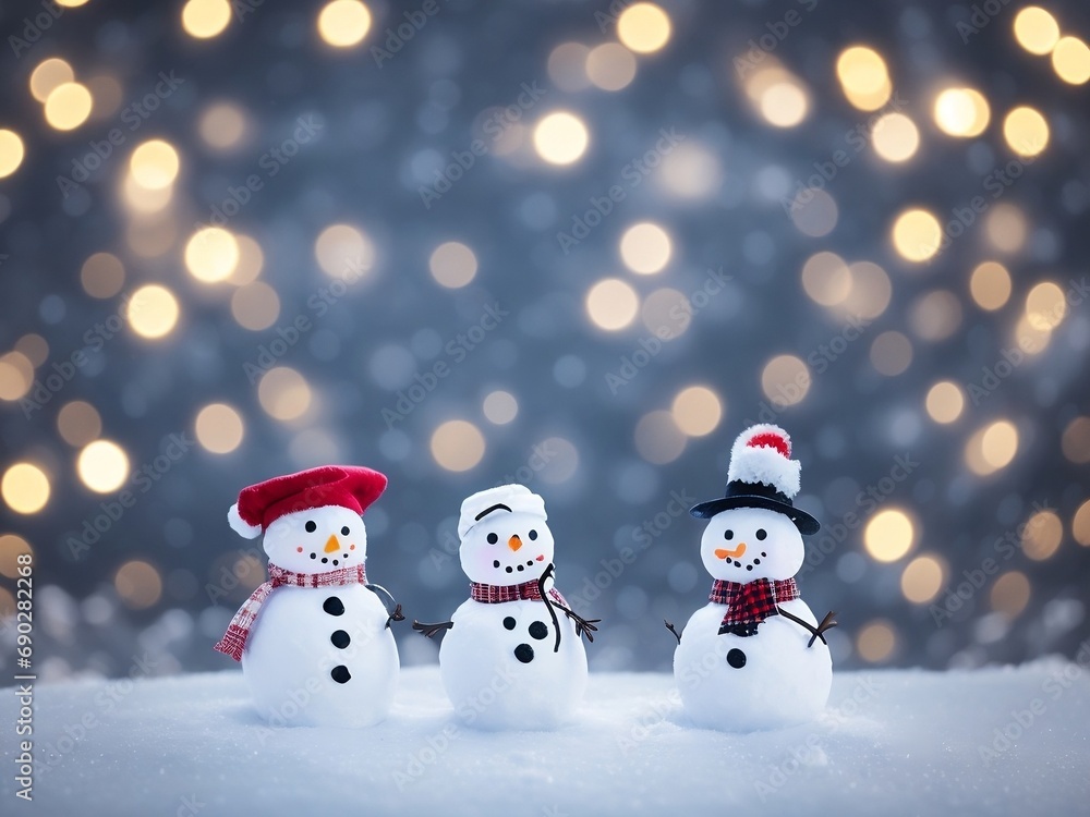 Snowman in a snowy scene with Christmas elements