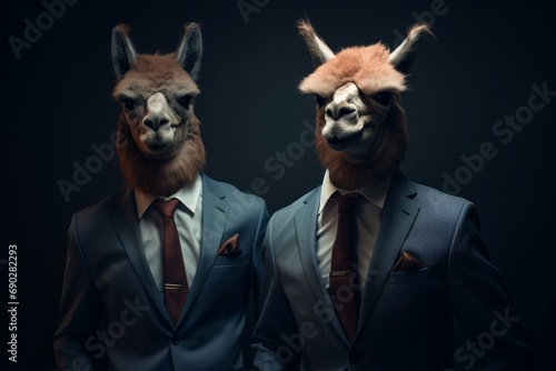 Anthropomorphic Alpacas in Suits on Dark Background © Artem