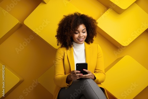 A woman sitting on a chair looking at her cell phone