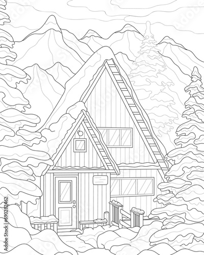 House in the mountains in winter. Vector black and white illustration. Coloring book for adults.