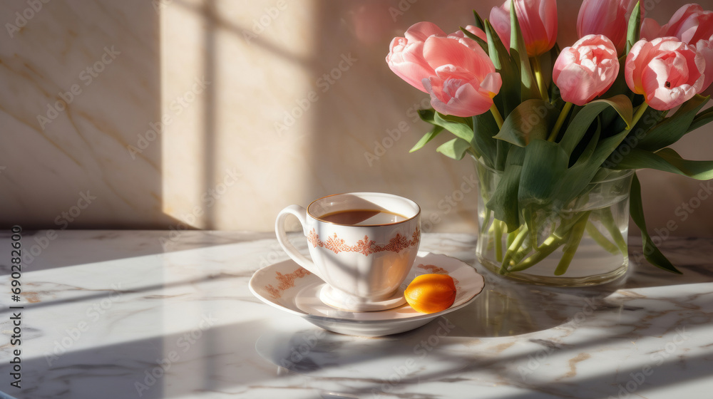 cup of coffee and a tulip bouquet on the marble table, international women's day morning cup of coffee and a tulip bouquet on the marble table, international women's day morning