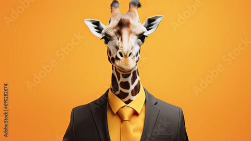 A giraffe in a business suit and tie on a yellow background 