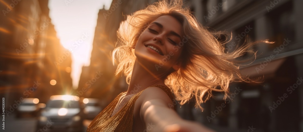 joyful lifestyle Low angle wideshot of A captivating image of group woman dancing in the middle of the city street close-up surrounded by the warm enchanting glow of golden hour lighting carefree - obrazy, fototapety, plakaty 