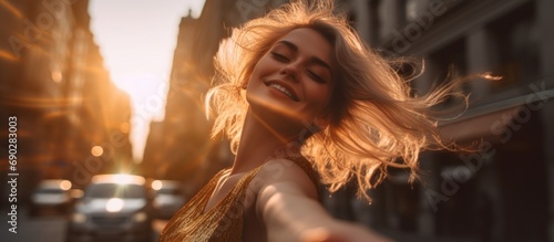 joyful lifestyle Low angle wideshot of A captivating image of group woman dancing in the middle of the city street close-up surrounded by the warm enchanting glow of golden hour lighting carefree photo