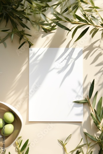 white paper card template on beige color table with olive tree leaf frame nature summertime template topview card showcase mockup backdrop