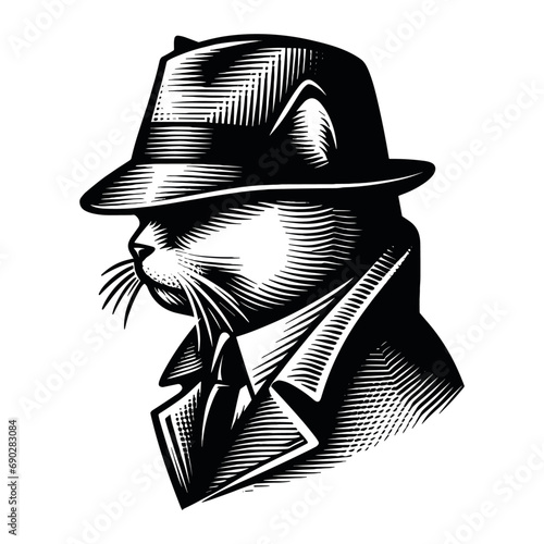 detective cat wearing a coat and hat vector sketch