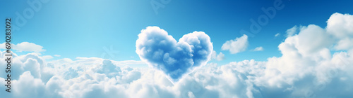 Baby Blue and White Floating Sunlit Heart Shaped Cloud in the Sky. Love, Romance, Romantic Theme. Wide Scale Panoramic Generative AI Made Illustration with Copy Space