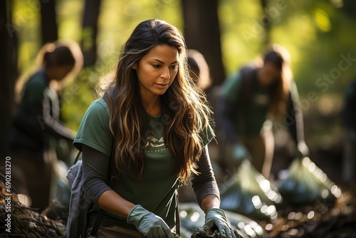 Focused woman participates in environmental cleanup, dedication evident in her gaze