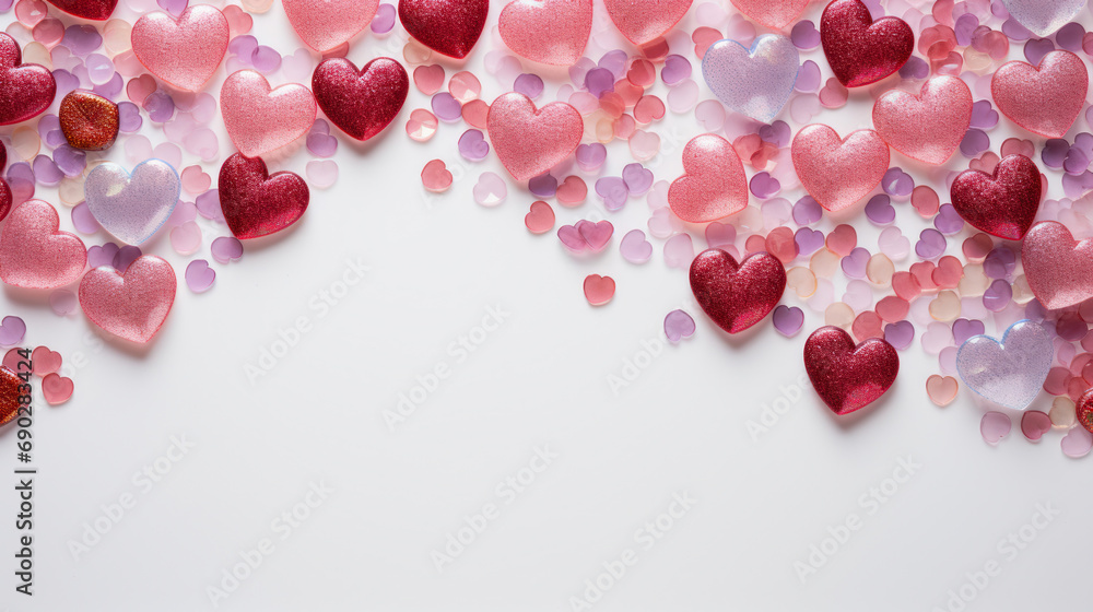 Glittery Valentine's Day background with hearts and white backdrop Glittery Valentine's Day background with hearts and white backdrop