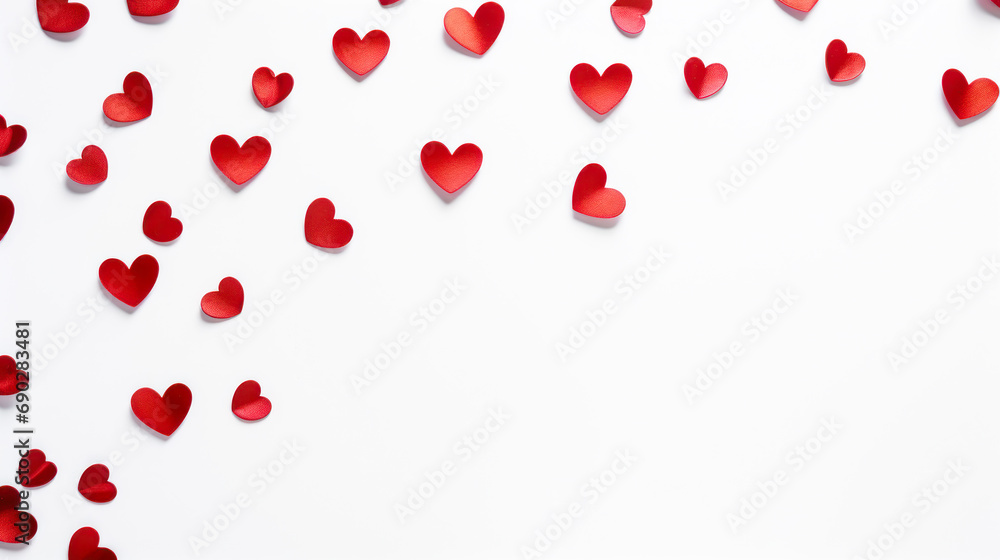 Valentine's Day background with paper hearts against white backdrop