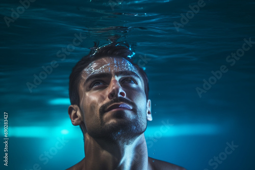 professional swimmer underwater in abyss isolated on blue background © Ahmed