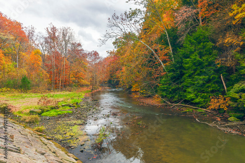 Colorful view downstream of the Clear Fork of the Mohican River from Pleasant Hill Dam