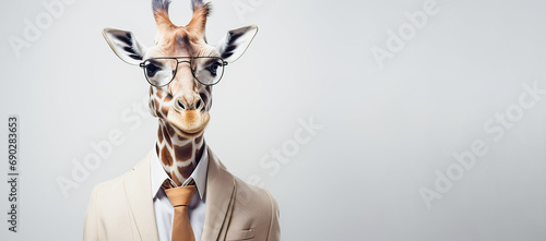 on a gray background, a giraffe in a business suit and tie 