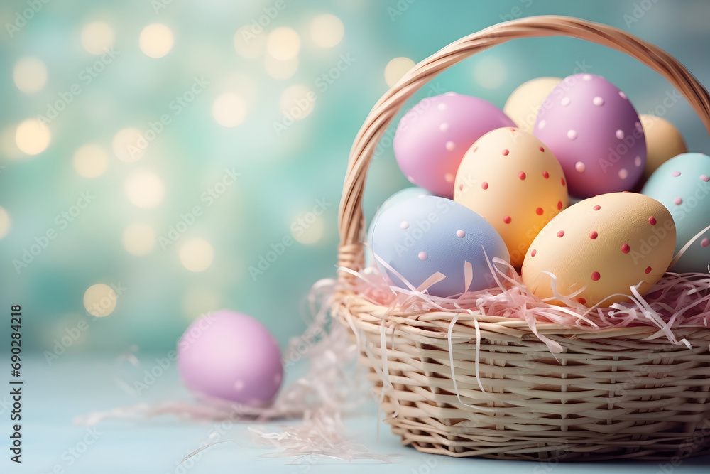 basket with colored eggs on blue soft background, easter concept basket with colored eggs on blue soft background, easter concept