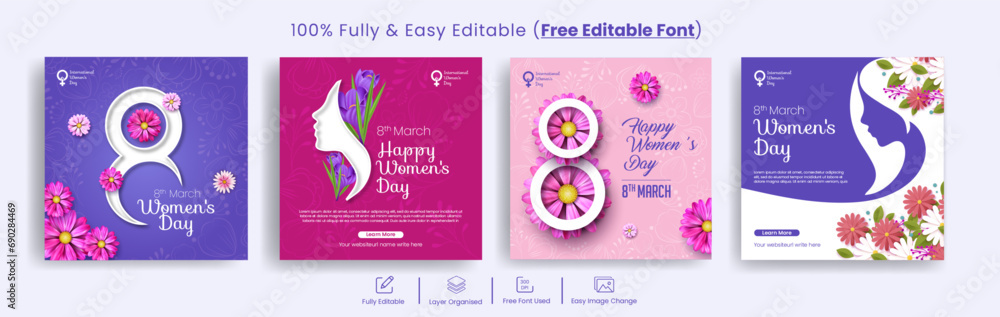 set of international womens day 8 march social media post banner editable template pack with realistic flower female illustration and 3d  floral invitaion greeting card background design bundle - obrazy, fototapety, plakaty 