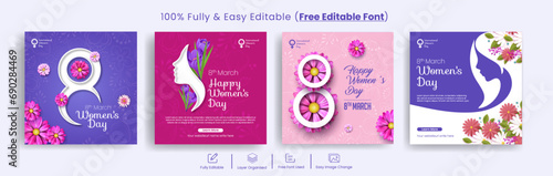 set of international womens day 8 march social media post banner editable template pack with realistic flower female illustration and 3d  floral invitaion greeting card background design bundle photo