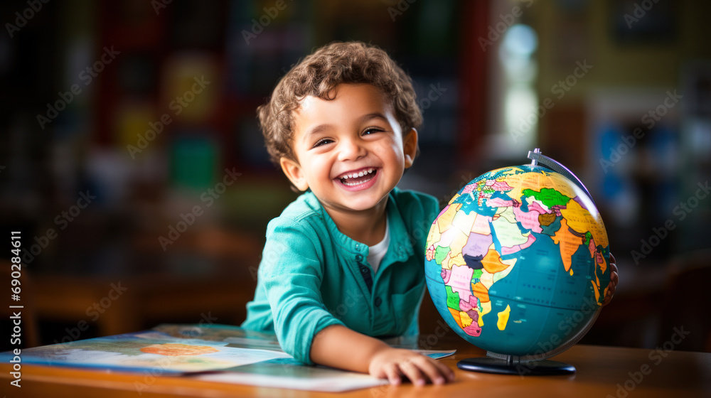 A young child smiling while exploring a colored globe, joyful moment - obrazy, fototapety, plakaty 