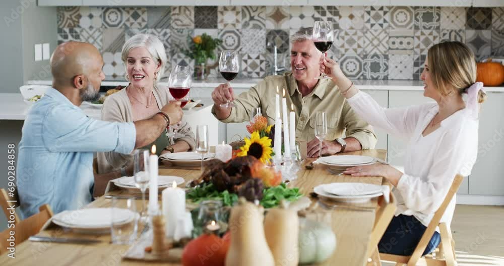 Food, senior parents or happy family toast in home with drinks, wine or celebration for social gathering. Father, thanksgiving cheers or mom with chicken or meat for lunch, dinner or brunch at table Food, senior parents or happy family toast in home with drinks, wine or celebration for social gathering. Father, thanksgiving cheers or mom with chicken or meat for lunch, dinner or brunch at table