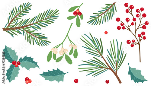 Winter berries and leaves. Vector winter elements with leaf, fir, pine branches, berry. Christmas floral collection for invitations, greeting card, textile, fabric, posters. Botanical print.