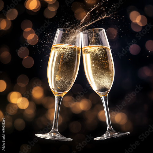 glasses of champagne toasting in a sky of fireworks during happy new year's festivities