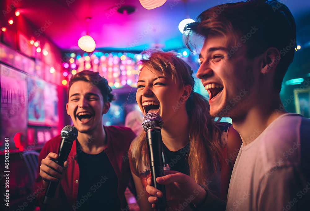 Friends engaged in a pajama party karaoke session, happy joyful people singing with a mic and colorful background