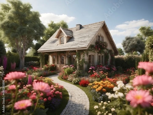  a house in the middle of a field with flowers in front of it and a tree in the back of the yard and a fence in front of the house.  generative ai © Talha