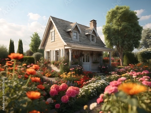  a house in the middle of a field with flowers in front of it and a tree in the back of the yard and a fence in front of the house.  generative ai