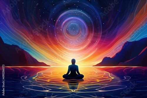 Meditator surrounded by vibrant waves of energy during yoga, Tranquil meditation space, focus on vibrational meditation, flowing lines and serene colors for meditative vibrations, Calm and spiritual