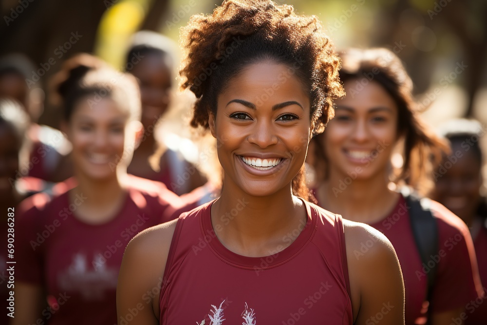 Enthusiastic team captain smiles warmly, inspiring unity in her sports team Enthusiastic team captain smiles warmly, inspiring unity in her sports team