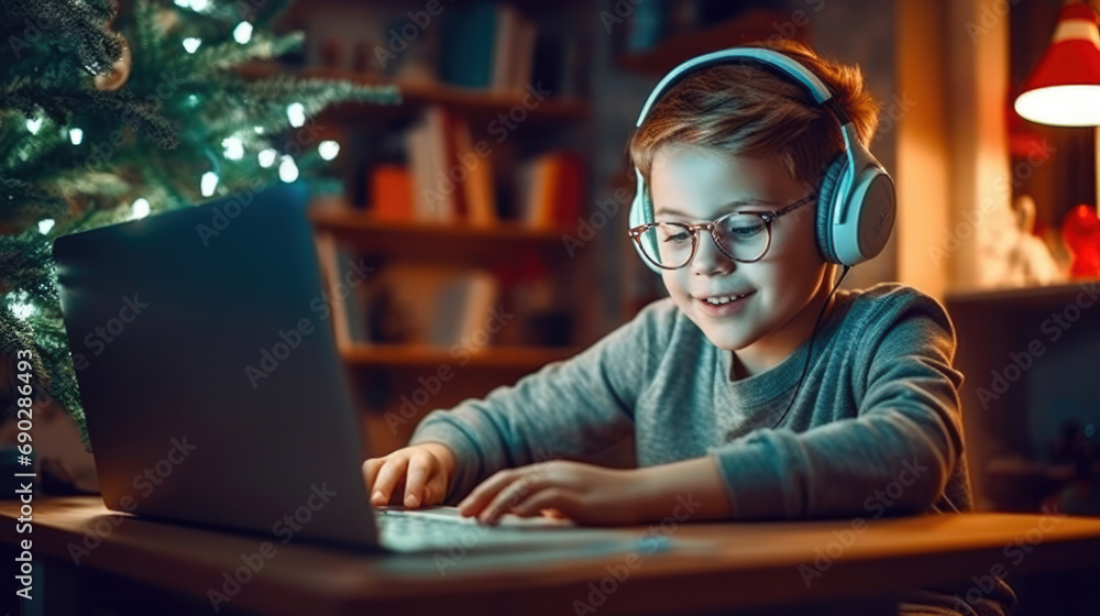 Confident young boy in headphones studying at home with a tidy workspace, immersed in an online lecture on computer Confident young boy in headphones studying at home with a tidy workspace, immersed in an online lecture on computer