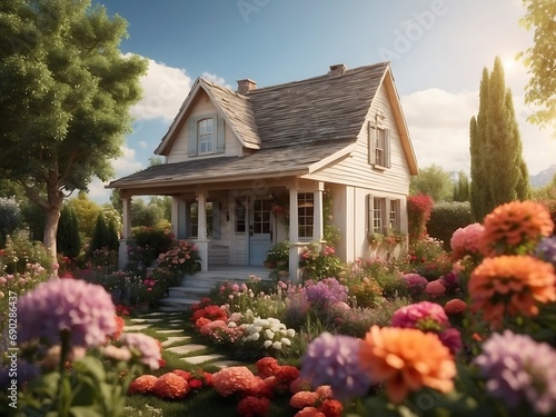  a house in the middle of a field with flowers in front of it and a tree in the back of the yard and a fence in front of the house. generative ai