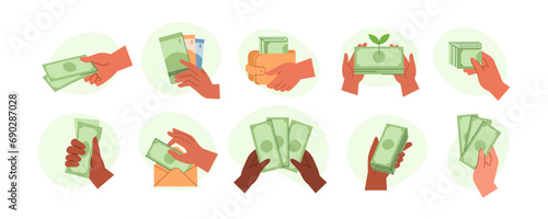 Hand gestures illustrations set. Collections of diverse characters hands holding money banknotes and cash on fingers and palms. Finance, investments and donation concept. Vector illustration.