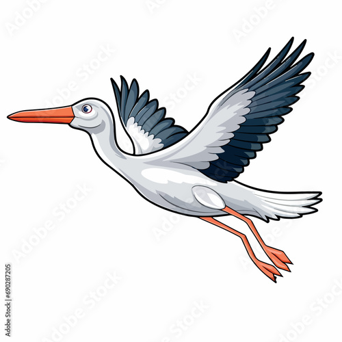 stork flying flat vector illustration. stork flying hand drawing isolated vector illustration