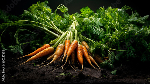 fresh organic carrot in a wooden bowl in the garden