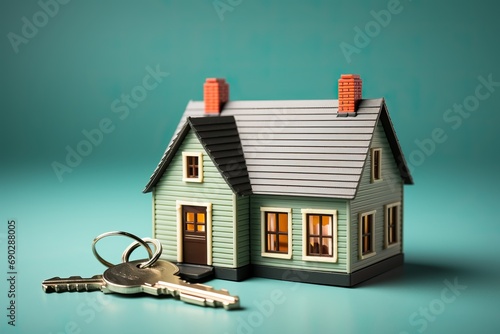 Small green house mockup on background with keys, concept of selling buying houses. photo