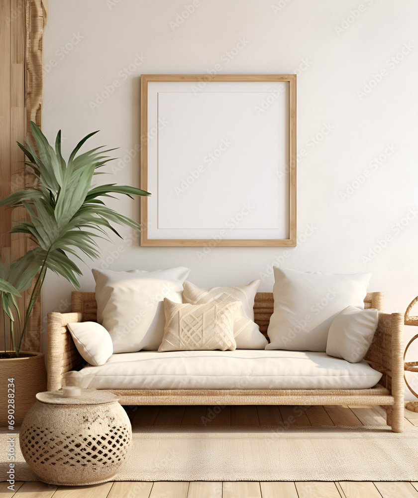 Mockup frame in coastal boho style interior Mockup frame in coastal boho style interior