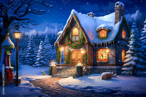 Christmas house in the winter forest. Christmas and New Year concept.