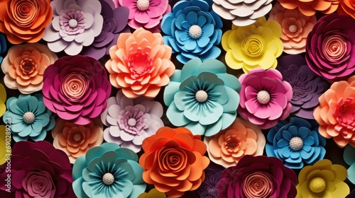 Colorful background of flowers. Paper flowers and leaves.