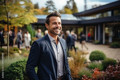 A young investor is smiling, people and a building are in the background. photo