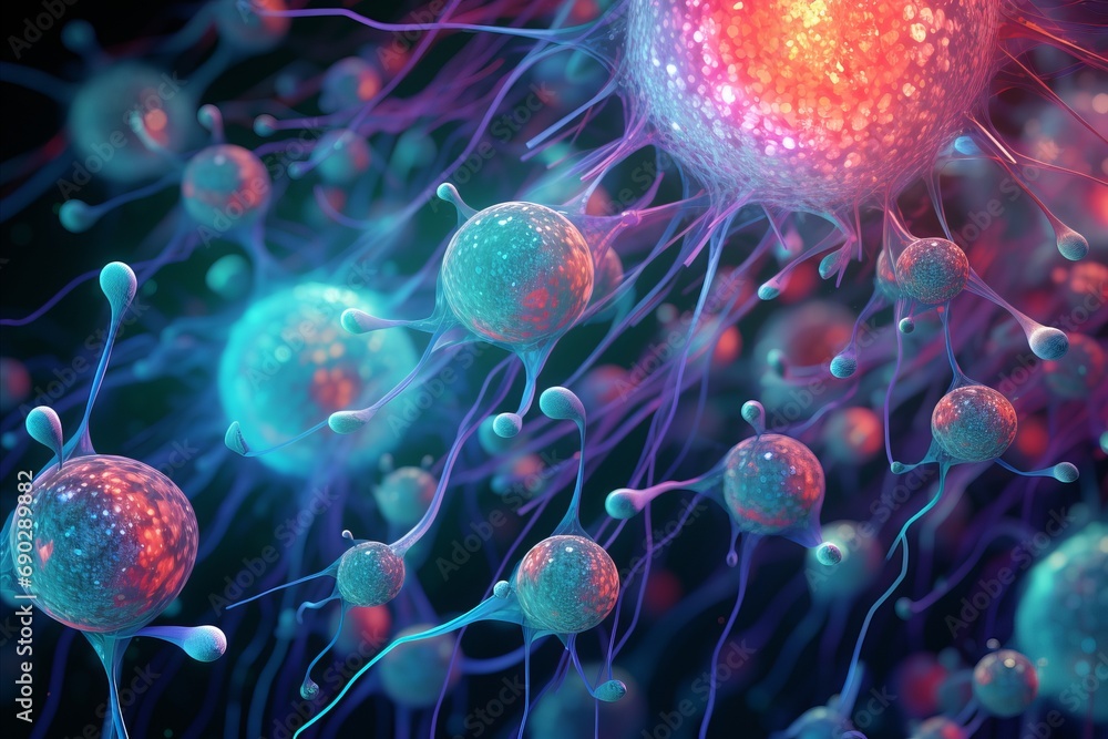 Illustration of cellular structures resonating with vibrant energy, Microscopic view of cells vibrating in a harmonious pattern, intricate cellular details Illustration of cellular structures resonating with vibrant energy, Microscopic view of cells vibrating in a harmonious pattern, intricate cellular details