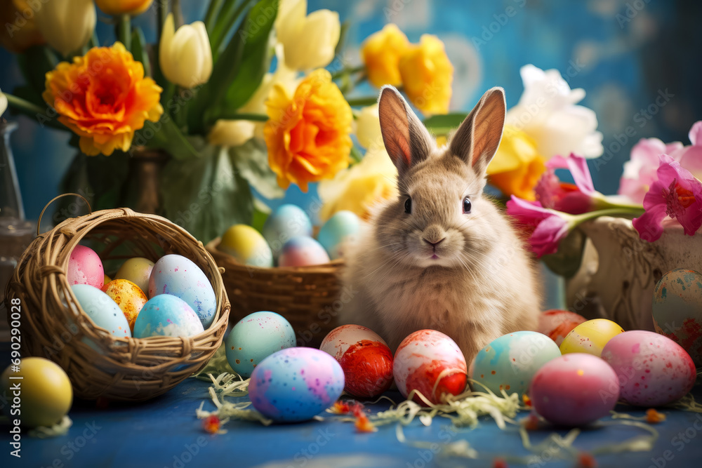 Easter bunny and easter eggs on rustic background with flowers - obrazy, fototapety, plakaty 