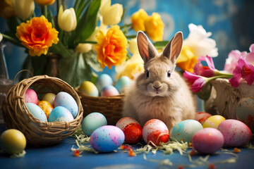 Easter bunny and easter eggs on rustic background with flowers