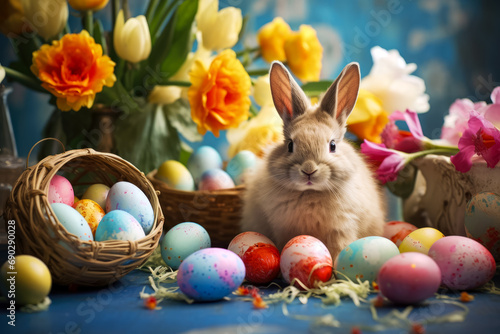 Easter bunny and easter eggs on rustic background with flowers