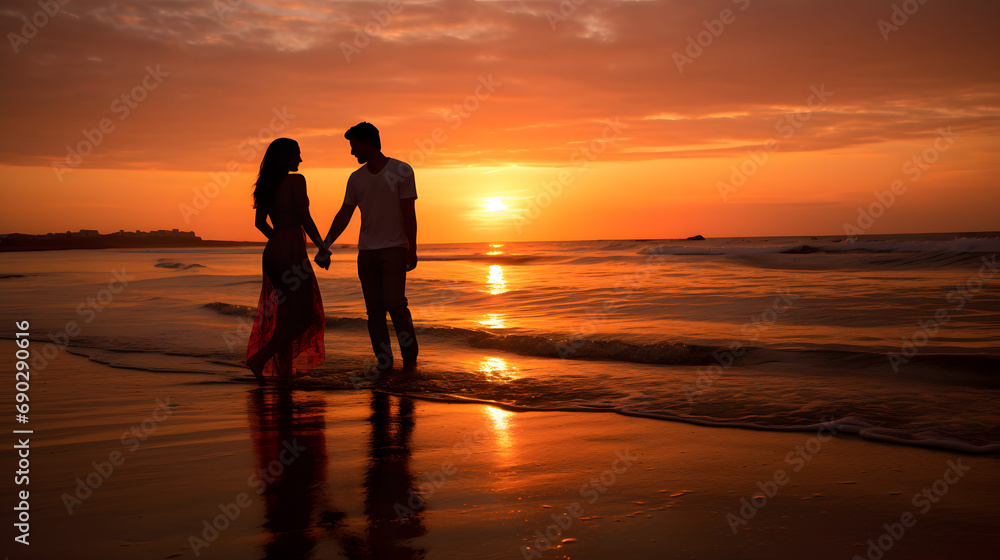 Young couple sharing a romantic moment on a sunset beach.