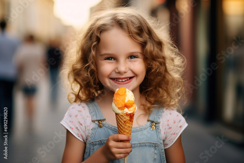 Smiling little girl with orange ice-cream in her hand