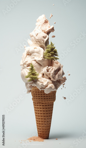 ice cream cone with trees ice cream in a cone, a whipped cream cone with a Christmas tree on it, organic and flowing forms, light cyan and gray,