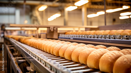 bread production line in a bakery factory. fresh baked bread