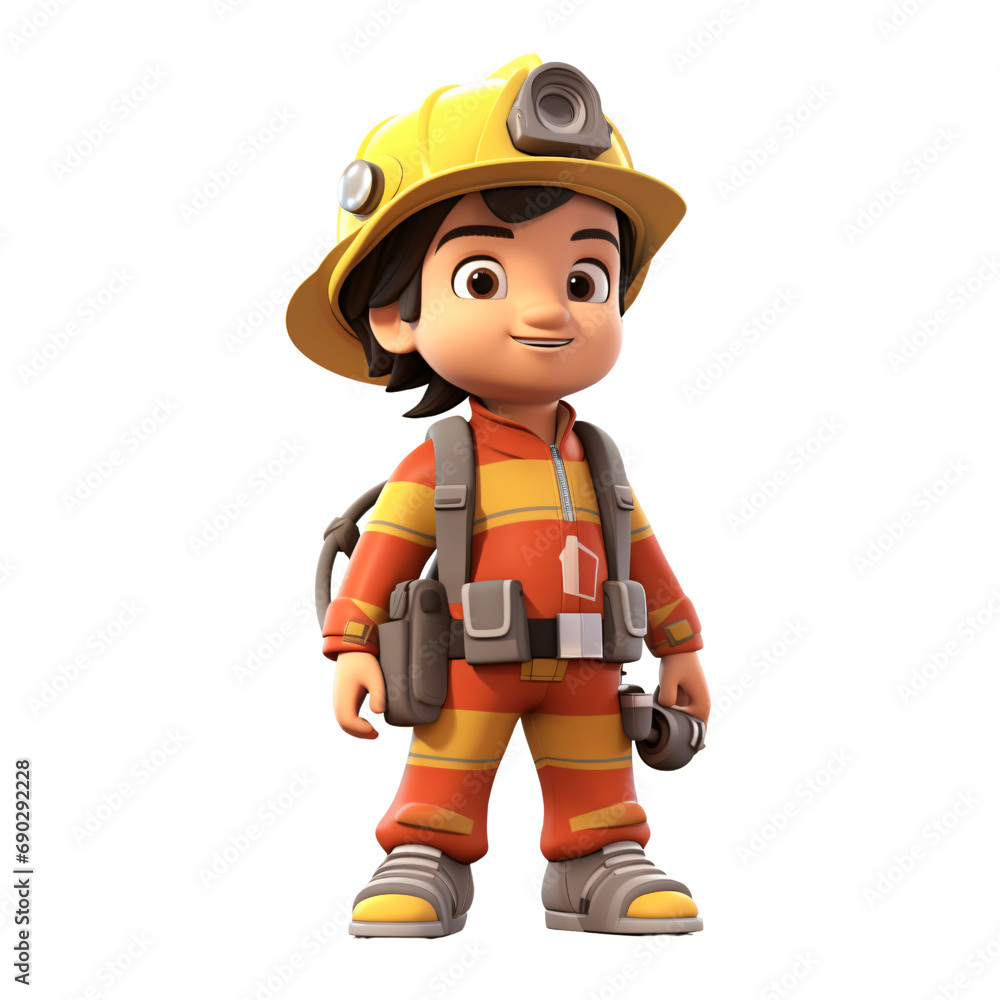 Kid firefighter cartoon character,Occupation professional,game asset,isolated on white and transparent background Kid firefighter cartoon character,Occupation professional,game asset,isolated on white and transparent background
